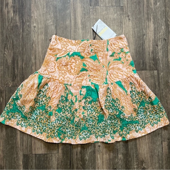 NWT Basement Tan Green Embroidered Pattern A Line Mini Skirt Size M - Picture 13 of 15